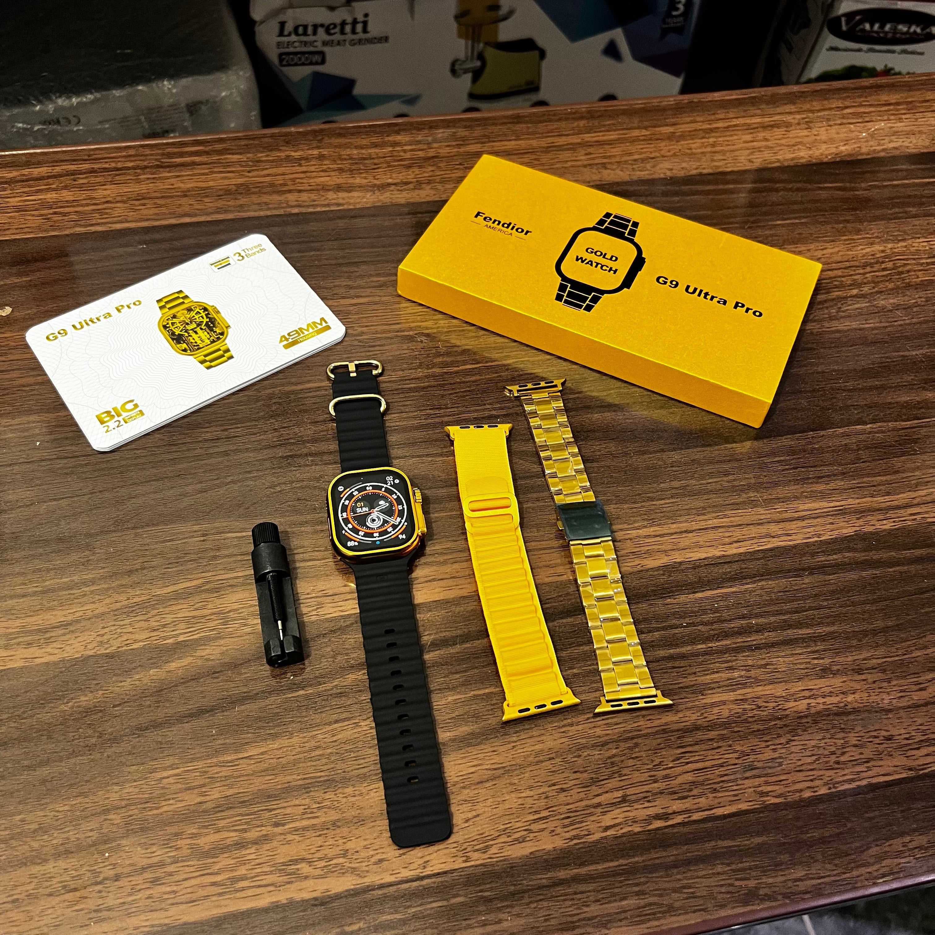 G9 Ultra Pro Smart Watch (Golden Edition) - 49MM Ultra Series 8 - NFC - Bluetooth Call Heart Rate On Display Real Screws and Straps Locks